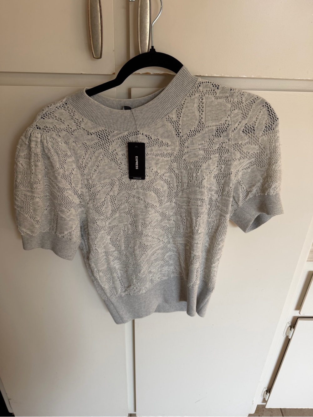 Express Light Gray Lace-Knit Short Sleeve Top